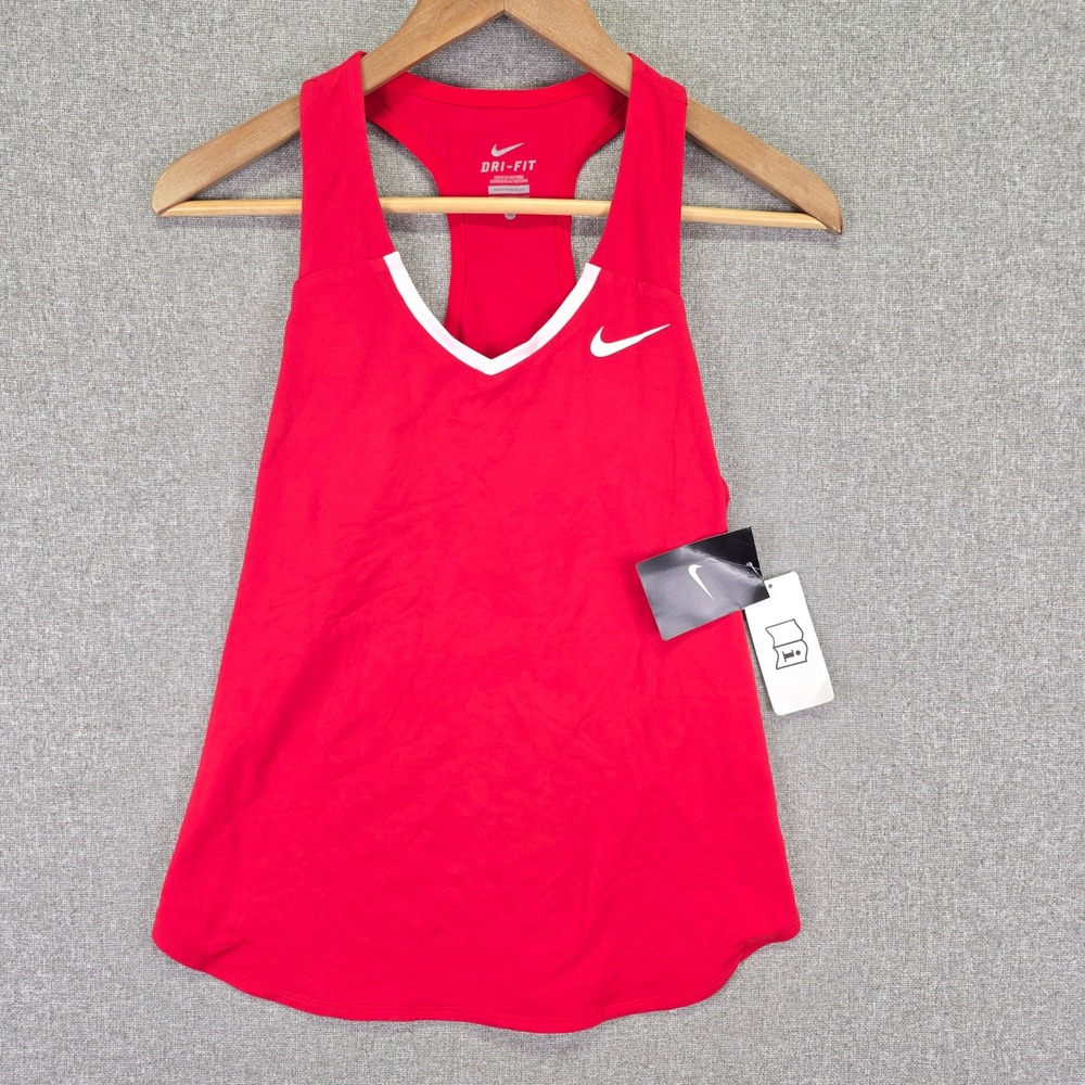 Nike Womens M Dri-FIT Team Pure Tennis Tank Red White Racerback V Neck